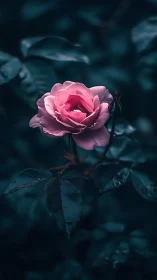 Pink Rose Against Moody Teal Background.