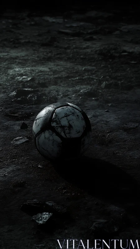 Derelict football on damp terrain under raking sidelight.