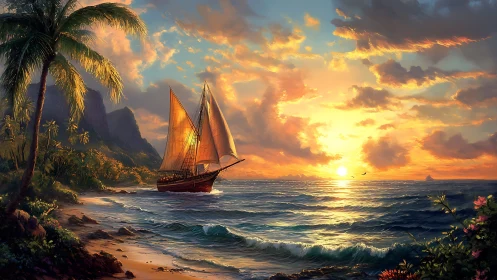 Sunlit sailboat drifts along a lush tropical shore at sunset