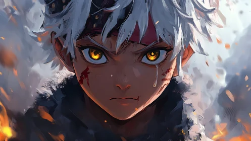 Ember-eyed warrior child faces storm of sparks and sorrow.