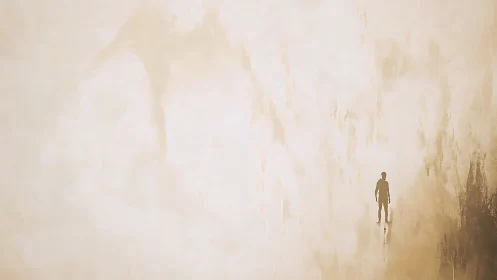 Solitary human silhouette stands against vast beige backdrop