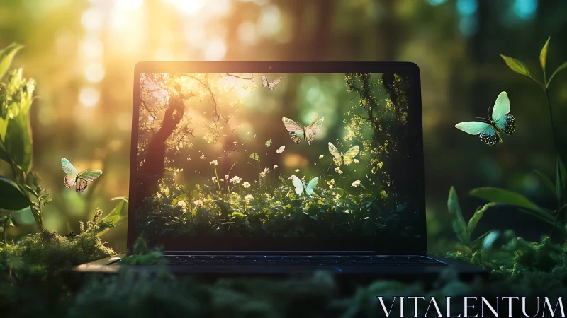 Laptop in forest environment displaying illuminated butterflies.