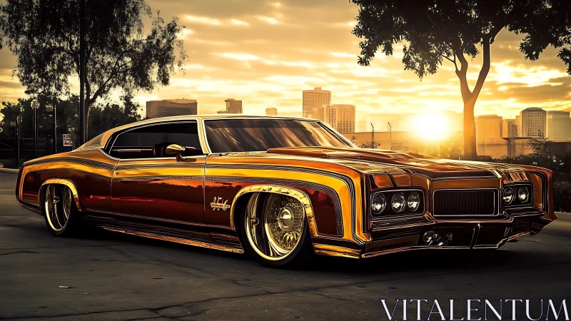 Custom lowrider car on city street at sunset with chrome.