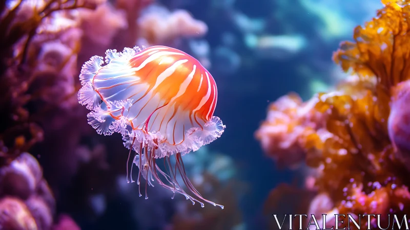 Bioluminescent jellyfish drifts through vivid coral reef