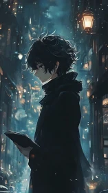 Side profile of youth holding book in dense lit cityscape