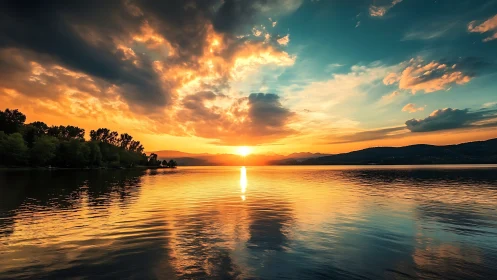 Sunset blaze over quiet lake and silhouetted forest horizon.