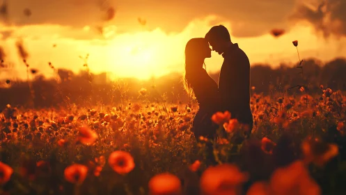 Silhouetted couple positioned within field of red poppies at sunset.