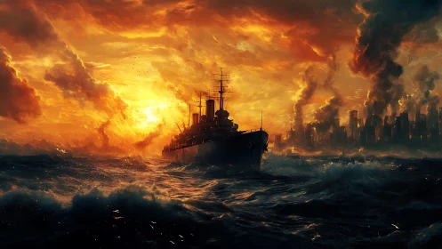 Armored ocean liner exiting incendiary industrial horizon.
