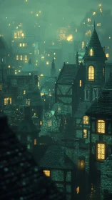 Rain-soaked medieval town glows under dense emerald fog