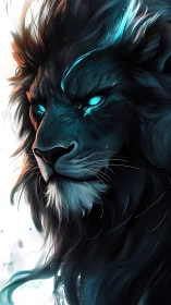 Lion portrait shows glowing cyan eyes and stylized dark mane