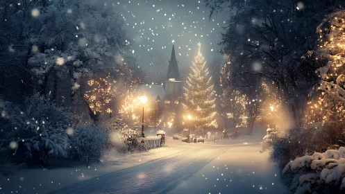 Nocturnal winter avenue with luminous festive tree centerpiece.