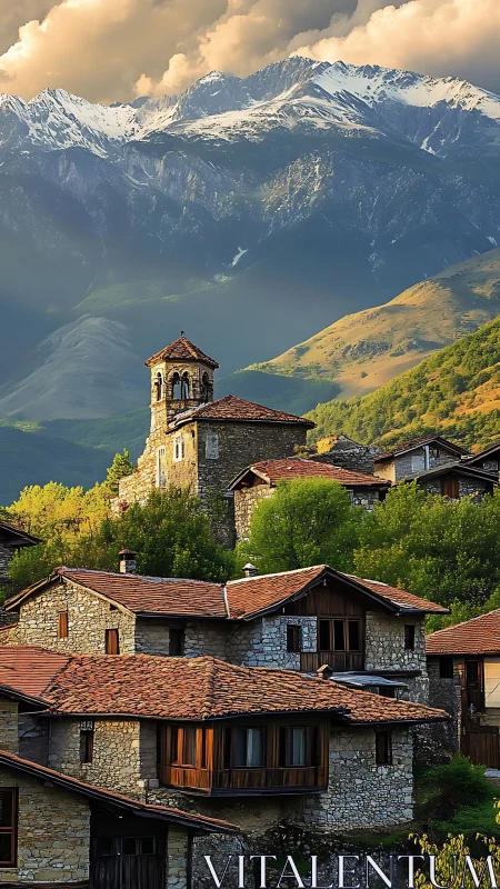 Sunlit stone village dreaming beneath rugged alpine giants.