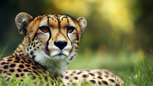 Golden hour cheetah muse lounging in soft grass hush.