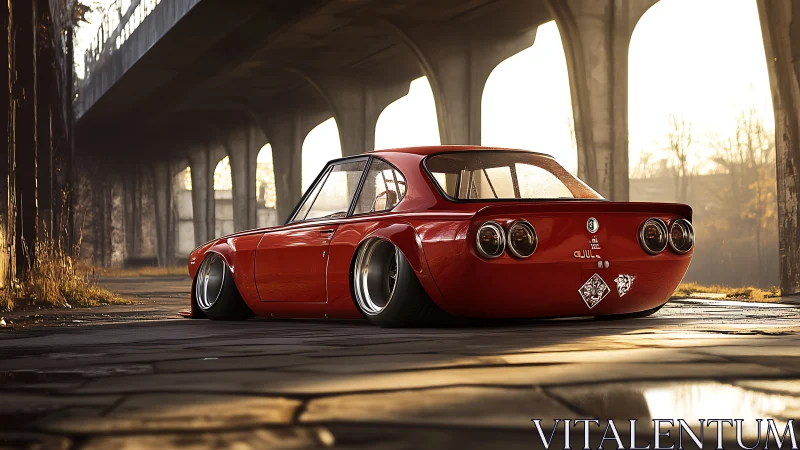 Low-slung red classic under sunlit concrete arches at dusk.