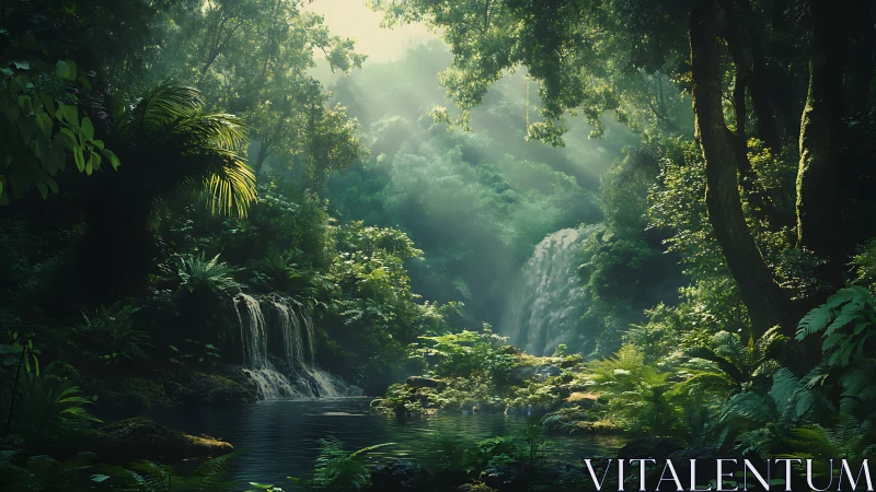 Misty Rainforest with Cascading Waterfall