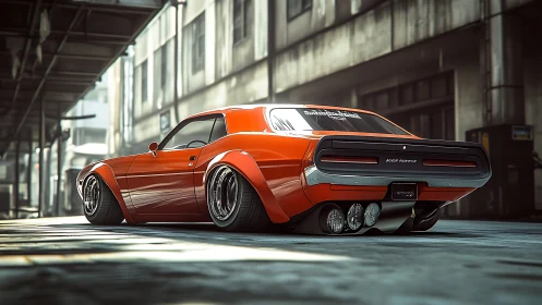 Low-slung orange muscle car prowls a moody urban alleyway.