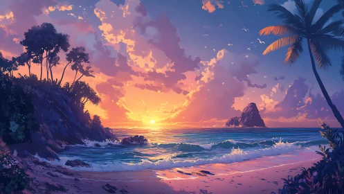 Tropical coastline sunset with vivid sky and calm surf.