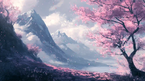 Cherry blossom valley beneath misted alpine peaks at dawn.