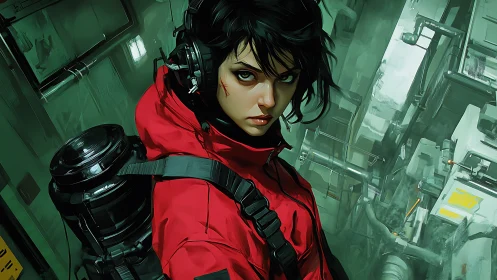 Focused woman in red jacket in dense sci fi corridor.