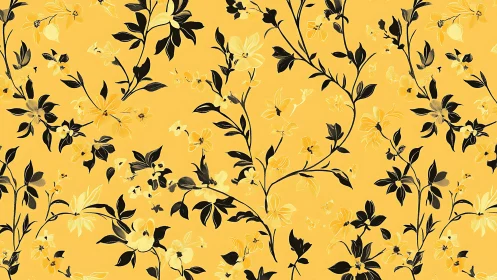 Gold floral pattern with black silhouetted botanical stems.