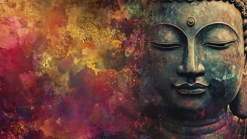 Buddha face merges with radiant abstract color field.