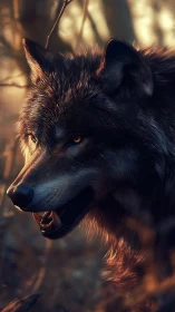 Wild forest wolf in golden evening light, calm yet alert.