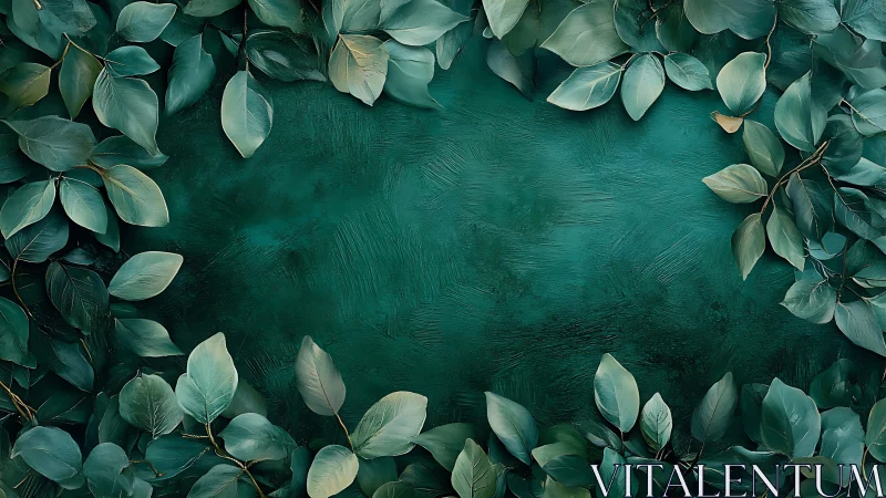 Green foliage border encloses textured teal background space