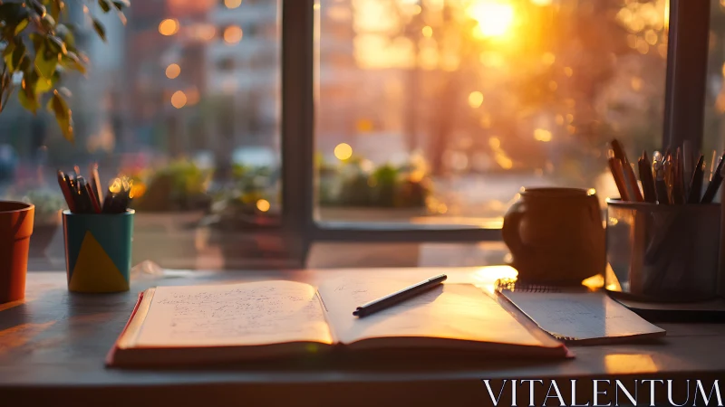 Sunlit writing desk captures warm golden hour inspiration.