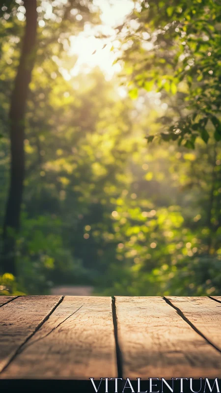 Wooden Platform Foreground with Bokeh Forest Canopy and Diffused Golden Sunlight