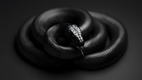 Gleaming black snake rests in a calm, tightly coiled pose