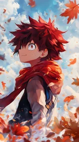 Crimson-haired dreamer strides through windswept autumn sky.