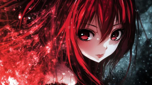 Scarlet starlight curls around the quiet anime gaze