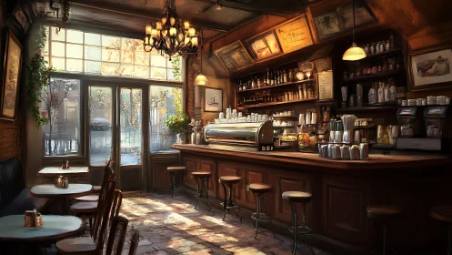 Vintage European caf&eacute; interior with warm cinematic lighting.