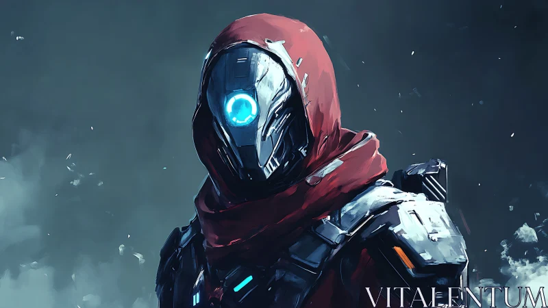 Hooded sci fi robot soldier with glowing blue eye portrait.