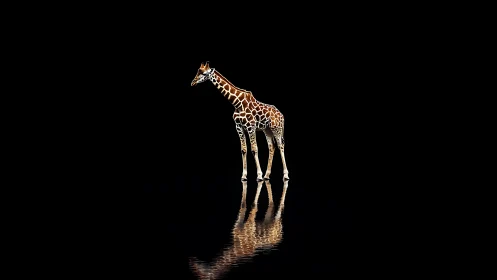 Isolated giraffe with specular water reflection on pure black field