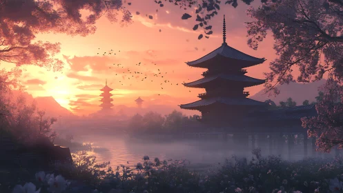 Sunset-illuminated Japanese pagoda framed by mist and sakura bloom