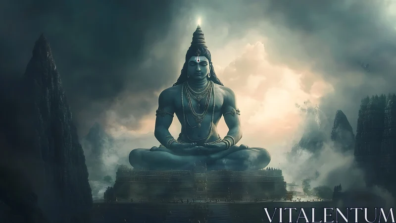 Colossal Shiva statue seated in misty mountainous temple.