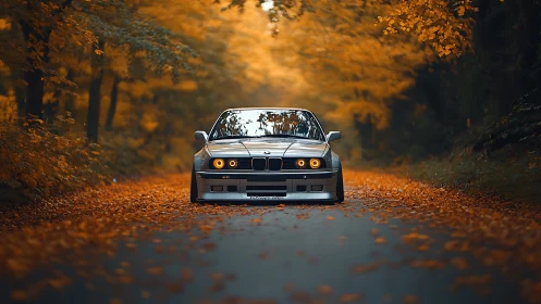 Modified BMW E36 fronts a cinematic autumn forest roadway