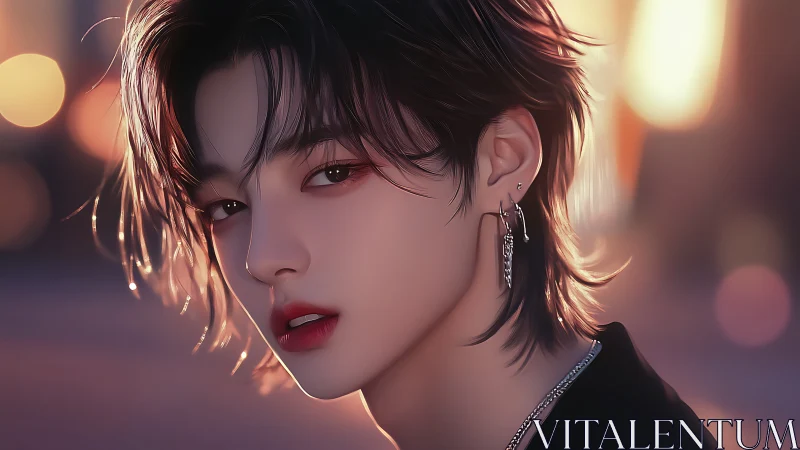 Soft-lit androgynous portrait in neon dusk glow.