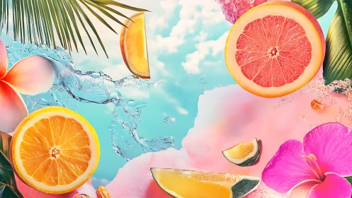 Tropical citrus slices with splashing water on pastel sky.