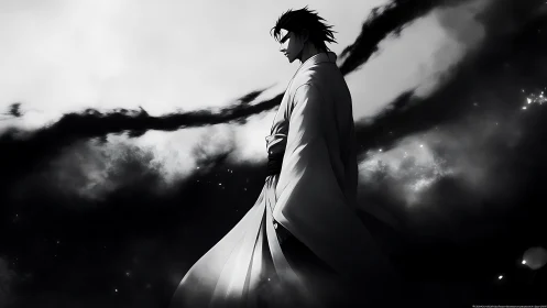 Solitary anime swordsman in swirling monochrome night.