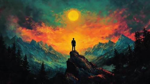 Silhouetted traveler contemplates a blazing cosmic mountain sky