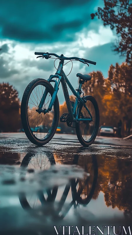 Blue bicycle parked on wet pavement reflecting dramatic autumn sky