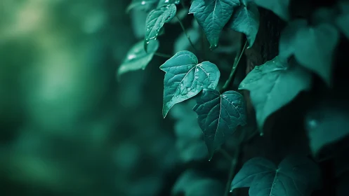 Moody closeup ivy leaves with rich teal forest bokeh.