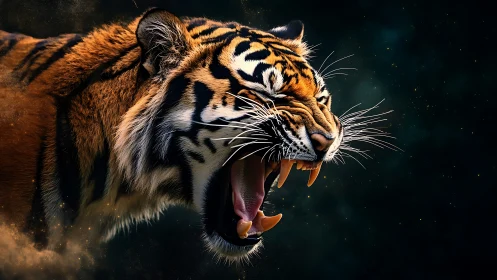 Snarling tiger head rendered with dramatic photoreal detail