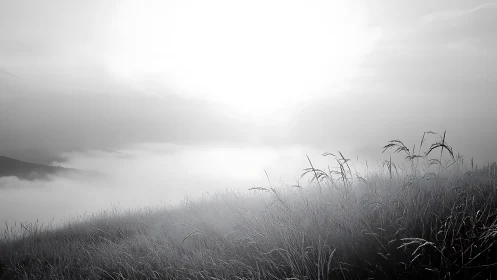 Foggy hillside meadow under bright overcast sky at dawn