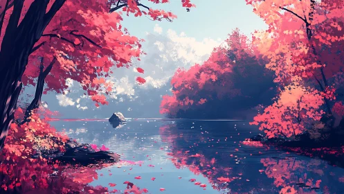 Lake bordered by dense red foliage under clear daylight.