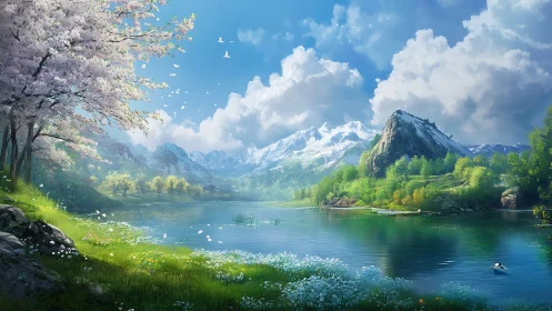 Spring-lit mountain lake dream with drifting blossoms.
