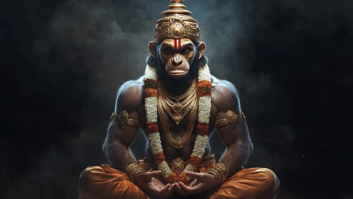 Meditating warrior monkey glows like molten bronze in smoke