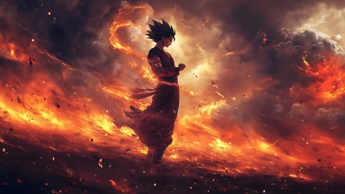 Fiery warrior stands calm at the heart of a blazing storm